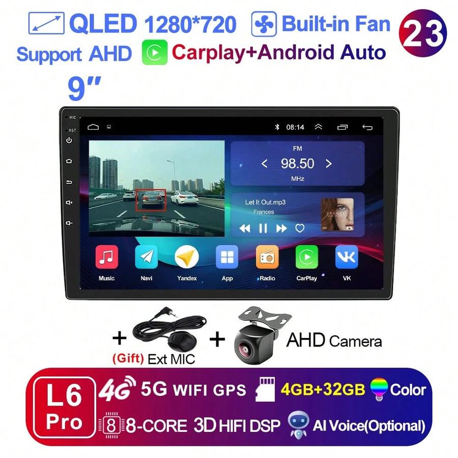 LEHX 8Core 9 pulgadas Universal 2din inalámbrico Carplay Android 15 Radio de coche reproductor de vídeo Multimedia AutoRadio navegación GPS 4G WiFi - 9-L6 Pro (4-32 GB) AHD - Ver 1