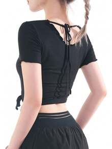 DREAM SLIM Camisetas de entrenamiento de manga larga para mujer, ajustadas, acanaladas, para yoga, con ribete de lechuga, para correr, deportes - blanco (pantalón corto blanco) - Ver 6