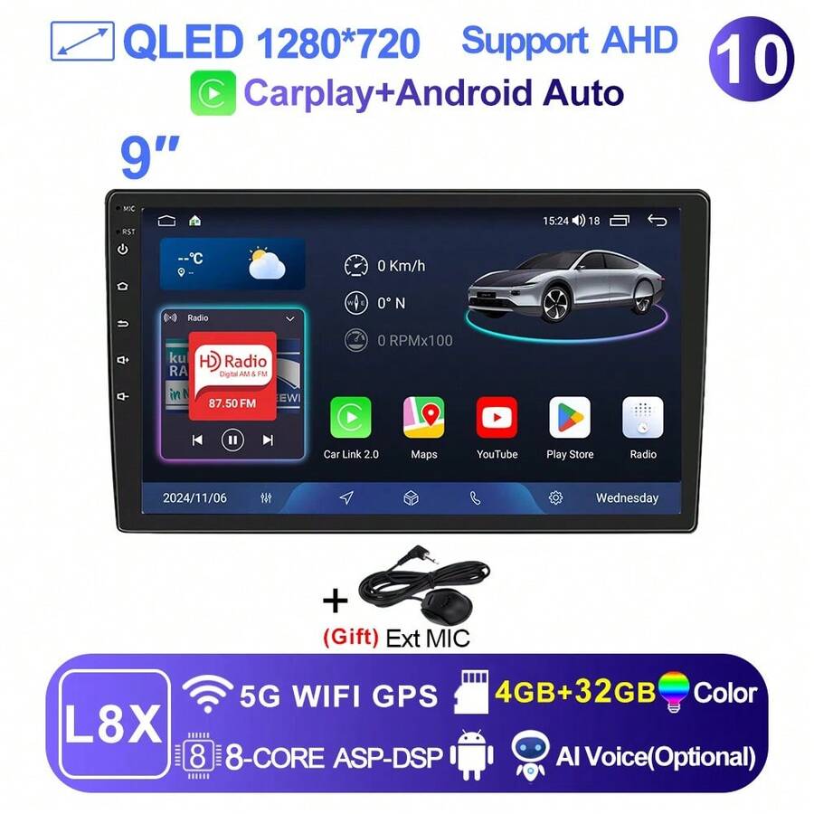 LEHX 8Core 9 pulgadas Universal 2din inalámbrico Carplay Android 15 Radio de coche reproductor de vídeo Multimedia AutoRadio navegación GPS 4G WiFi - 9-L8X (4-32 GB) - Ver 1