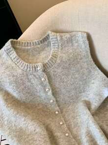 女士针织开衫，甜美蕾丝上衣，休闲学院风，春秋季 - 灰色 - 查看 3