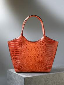 2pcs Elegant Women's Tote,Elegant Large-Capacity Women's Tote | Solid-Color Crocodile-Patterned PU Bag With Secure Zipper, Multi-Pockets, Fixed Strap - Suitable For Work & Outings - trái cam - Xem 5