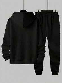 Men's Two-Piece Set, Casual Round Neck Long Sleeved Hooded Sweatshirt And Sweatpants Set, Lightweight Sweatshirt Set, Suitable For Spring And Autumn Seasons, Sweatshirt Set, Sweater Hooded Sweatshirt, Sports Top, Jogging Pants, Sports Pants, Hooded Sweatshirt, Jogging Pants, Sweatshirt, Pants, Hooded Top, Sports Pants, Jogging Pants - 黑色+黑色 - 查看 3