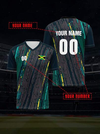 Custom Jamaica 2025 Men's Sports Team Club Training V-Neck Football Jersey Top, Front & Back Printed Name, Number, Logo, Comfortable Fit For Casual, Party, Daily Wear