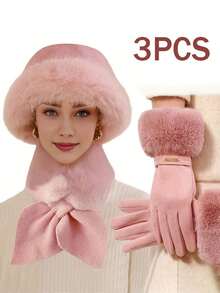 3pcs/Set Winter Warm Set, Warm Furry Hat, Gloves Scarf Hat Set, Windproof Thick, Suitable For Outdoor Activities, Perfect For Christmas, Autumn And Winter Gifts Snow Gloves