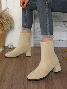 女士修身弹力踝靴，后拉链设计，时尚低跟方头踝靴，百搭女靴 - 米色 - 查看 3