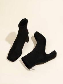 Fall/Winter 8cm Square Heel Women's Black Ankle Boots, Comfortable Block Heel, Back Zipper, Waterproof Platform Chunky Heel Slim Boots,High Heels - Black and White - View 3