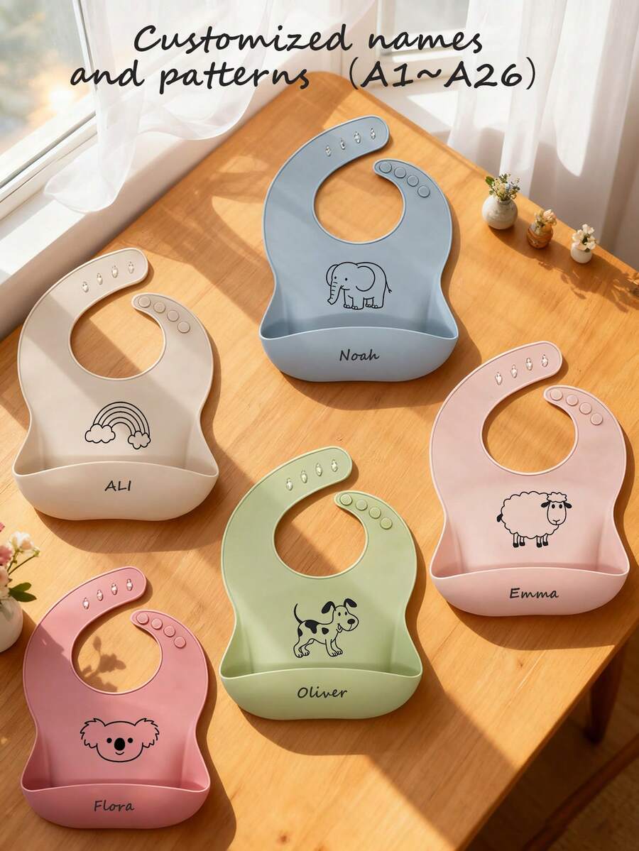 Baberos de silicona personalizados con nombre y patrón (26 opciones de patrones) - Multicolor - Ver 1