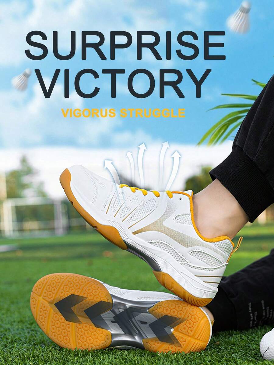 New Badminton Shoes, Professional Tennis Shoes, Breathable & Durable, Non-Slip Rubber Outsole, Volleyball Shoes, Table Tennis Shoes, Squash Shoes - White and Yellow - View 1