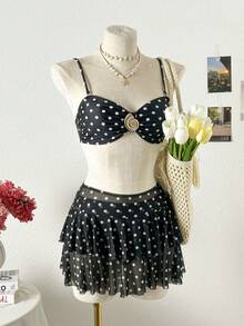 一套女士三件套波点印花泳衣，配有可拆卸肩带、露背设计和裙子，时尚、休闲又优雅的沙滩装 - 黑色 - 查看 3