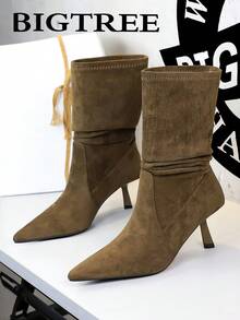 Women's Mid-Calf Boots, Elastic Boots, Wrinkled Stacked Boots, Versatile Pointed Toe Slim High Heel Fashionable Ankle Boots - Dark Brown - View 2
