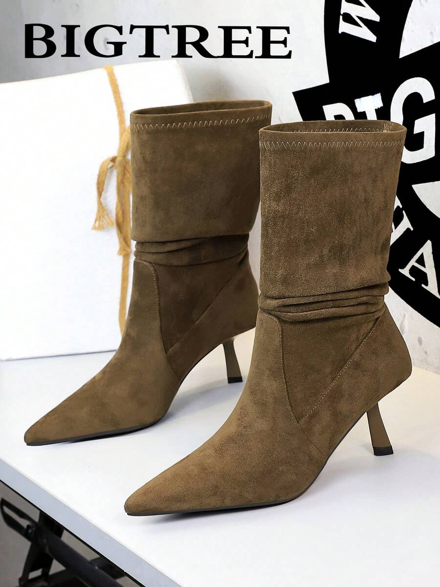 Women's Mid-Calf Boots, Elastic Boots, Wrinkled Stacked Boots, Versatile Pointed Toe Slim High Heel Fashionable Ankle Boots