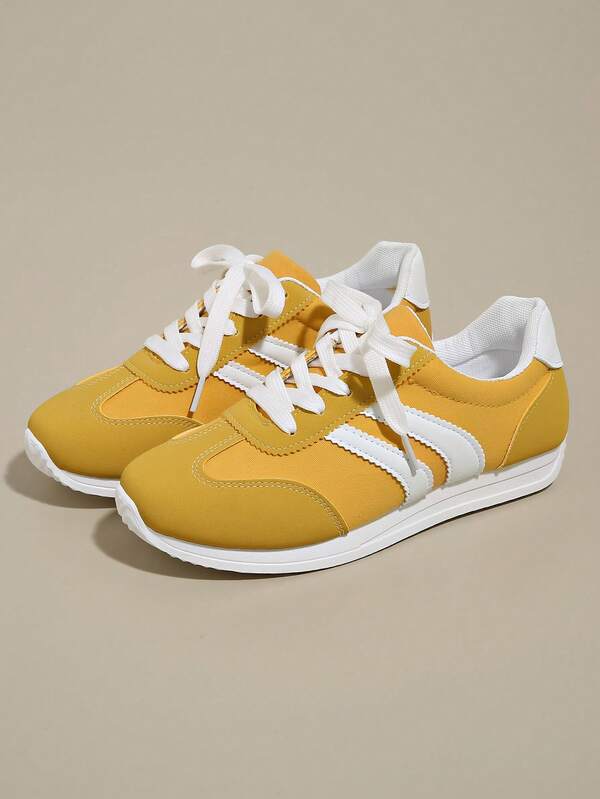 1 Pair Women's Lace-Up Casual Shoes, Color Block Patchwork Sports PU Leather & Mesh Sneakers, Outdoor Wear All Season, Solid Yellow, Lightweight Casual Flat Shoes