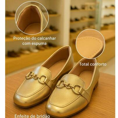 Sapatilha Mocassim Feminina Confortável Bico Quadrado Casual Com Enfeite dourado