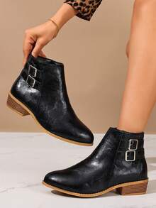 2025 Women's Retro European & American Style Side Zipper Buckle Decor Chunky Heel Short Boots, Fashion Versatile Outdoor Street Style Solid Color Elegant Ankle Boots - Black - View 11