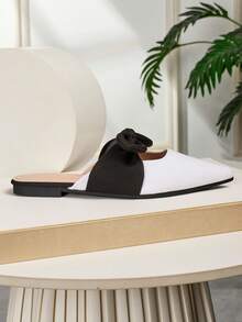 New Casual Bow Slip-On Flats For Women, Pointed Toe Mule Shoes, Color Block Patchwork, Cute Hollow-Out, Versatile For Outdoor Wear, All Seasons - White - View 6