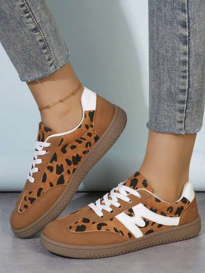 1 Pair Breathable Lace-Up Casual Sneakers, Leopard Print Running Shoes, Suitable For Girls & Boys, 2025 New Fashion Casual Sports Shoes For Spring, Summer, Autumn