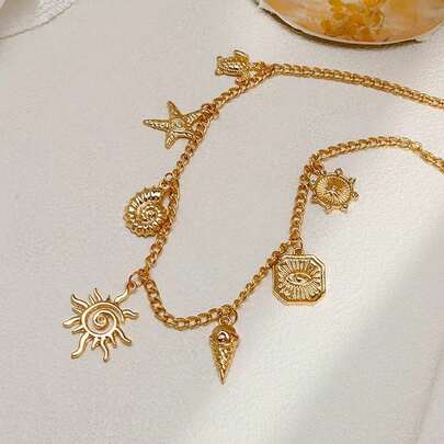 قلادة معدنية ساحلية صيفية، تصميم متعدد الأعلاق بشكل سلحفاة وشمس، خانق أنيق وبارد، إكسسوار جذاب للعطلات