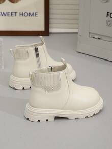 1 Pair Beige Plus Size Teenage Girls/Boys Chelsea Boots, Soft & Comfortable Elastic Fabric PU Material, Warm Lining Zipper Design, Round Toe Soft Sole, Simple British Style, Suitable For 3-15 Years Old Kids Indoor/Outdoor, School, Autumn/Winter