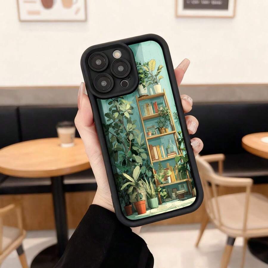 Phone Case With Black And Green Border With Indoor Garden Print Featuring Plants And Shelves For Daily Use In Cafes And Home Spaces Suitable For Apple Series Phones - Coffee Brown - View 1