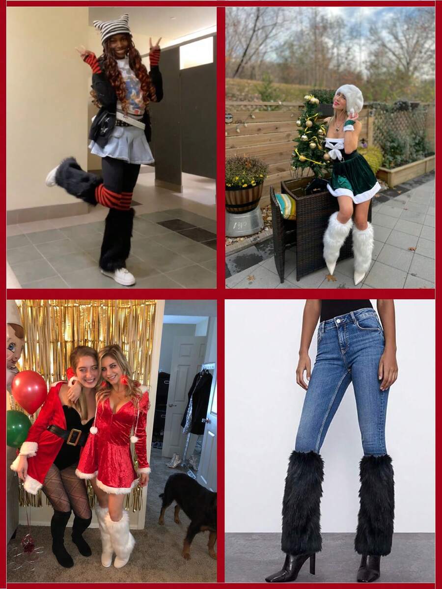 1PC Holiday Party White/Black Warmers Faux Fur Fuzzy Leg Up Cover 80s Winter Furry Long Boot Shoes Cuff Covers Sexy Fun Dance Hosiery For Women Costume - Multicolor - View 1