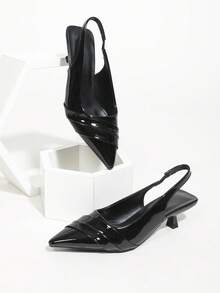 Black Patent Leather High Heel Shoes, Basic Style, Party Wear, Kitten Heel, Pointed Toe, Ankle Strap, Women's High Heel Sandals - Black - View 1