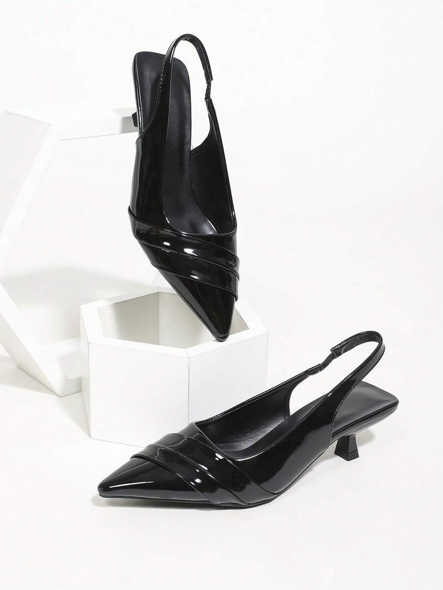 Black Patent Leather High Heel Shoes, Basic Style, Party Wear, Kitten Heel, Pointed Toe, Ankle Strap, Women's High Heel Sandals - Black - View 1