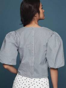 复古可爱泡泡袖纽扣条纹美丽复古时尚休闲优雅女式衬衫/上衣，适合春夏假日/情人节穿着 - 深藍條紋 - 查看 2