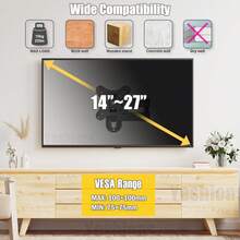 全方位电视壁挂支架，可旋转、倾斜、伸缩，最大 VESA 标准 100x100mm，适用于 14-27 英寸 LED、LCD 平面、曲面电视和显示器，单螺柱安装，最大承重 22 磅。