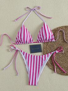 2pcs Fashionable Minimalist Personalized Women's Bikini Swimwear, Sexy Halter Backless Side Tie Design, Full Set Striped Print, Suitable For Spring/Summer Pool Party, Beach Holiday - Multicolor - View 3