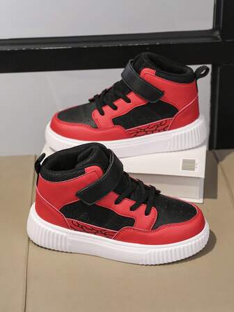 1 Pair Kids High-Top Fashionable Color Block Patchwork Children Canvas Sneakers, Lightweight Comfortable Athletic Shoes For Indoor/Outdoor, All Season