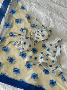 3pcs Blue Floral Ruffle Bikini Set, Featuring Adjustable Spaghetti Straps And Underwire Design For Comfortable Support, Fashionable Beach Style, Perfect For Summer Beach And Pool Party - Rice - View 2