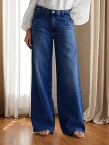 大码女式高腰宽松直筒牛仔裤，休闲九分牛仔裤，秋冬款 - 寶藍色 - 查看 4
