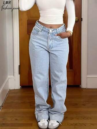 Women's Light Blue Mid - Rise Straight Leg Jeans, Casual Minimalist Denim Pants, Must - Have For Daily Streetwear & Effortless Outings