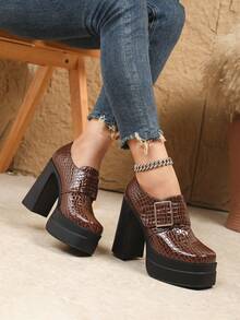 Giày Oxford đế xuồng da bóng cổ điển sang trọng mới dành cho nữ, có quai khóa, giày cao gót đa năng phù hợp cho các dịp dạo phố, đi làm, tiệc tùng, hẹn hò và ngoài trời - Cà phê nâu - Xem 3