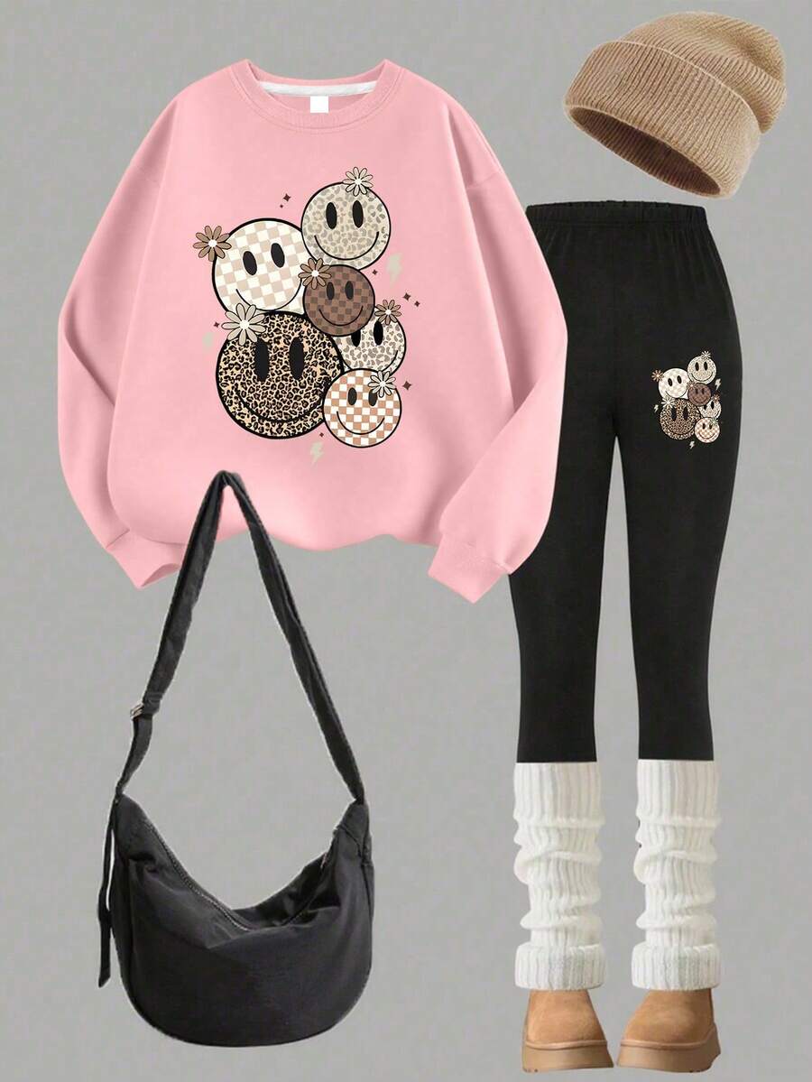 2pcs/Set Sweatshirt Anak Perempuan dengan Gambar Wajah Tersenyum Lucu, Lembut & Ramah Kulit, Gaya Kasual Jalanan untuk Musim Gugur/Dingin - Berwarna merah muda - View 1