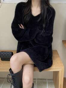 舒适蓬松柔软休闲外套，新款秋冬V领针织衫，仿貂毛质感 - 黑色 - 查看 2