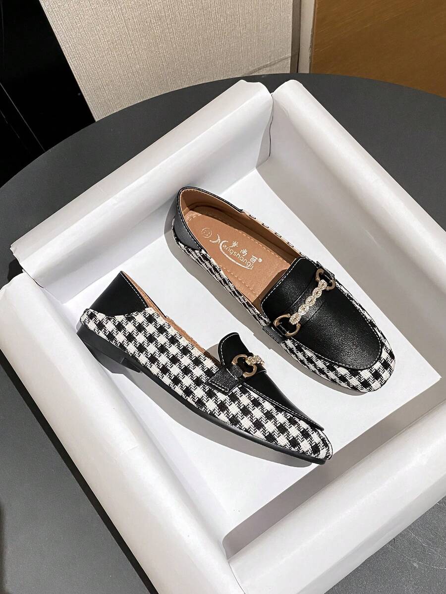 Mengshangli Square Toe Flat Shoes, Solid Color Preppy Style Vintage Chic Metallic Fashion Retro Flats, Suitable For Office, Party, All Seasons,Loafers - Black - View 1