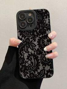 1个TPU蕾丝软壳打孔手机壳，保护套，兼容 7P/8Plus/16/16PLUS/16PRO/16PROMAX/XR/XSMAX/11/11Pro/11ProMax/12/12Pro/12ProMax/13/13Pro/13ProMax/14/14Pro/14Plus/14ProMax/15/15Pro/15Plus/15ProMax/A13-4G/S21FE/A345G/A1245G/S24+/S24PLUS/S21ULTRA/A05S，时尚/优雅/可爱 - 黑色 - 查看 1