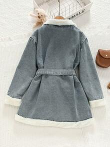 女童/青少年休闲优雅户外夹克，配有羊毛领、袖口、腰带和口袋，适合秋冬季