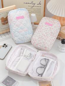 1个可爱大容量碎花图案数码收纳包便携式网格充电包收纳袋简约条纹耳机包，时尚耳机收纳盒USB数据线收纳盒，卡通收纳包相机包耳机包充电器包男女通用充电包 - 彩色 - 查看 5