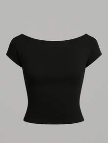 Women's Off-Shoulder Cropped Top With Short Sleeves, Plain, Casual, Basic, Double Fabric, Suplex Fabric. - 黑色 - 查看 6