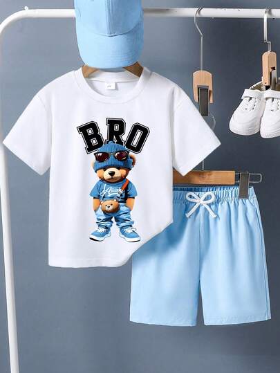 2pcs/Set Young Boy Letter & Cartoon Bear Print Round Neck Short Sleeve Casual T-Shirt And Shorts Set
