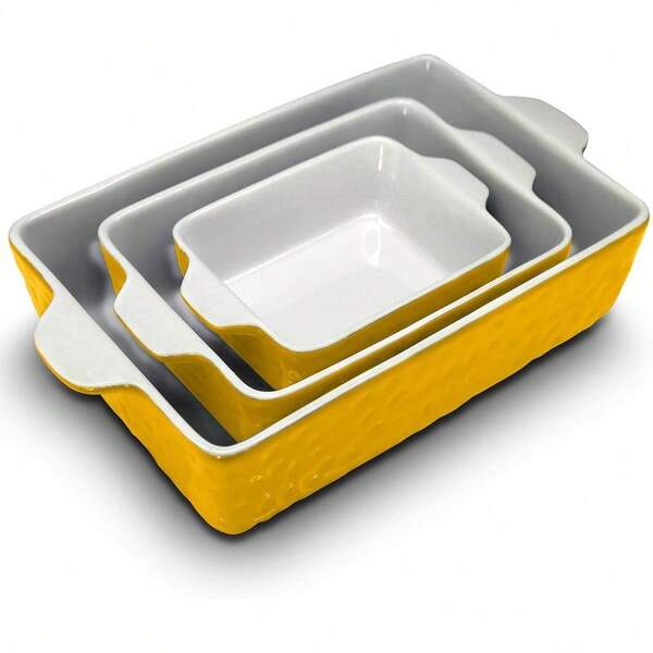 3Piece Nonstick Casserole Dish For Oven Ceramic Lasagna Bakeware Pans Set With Builtin Handles Microwave And Dishwasher  14" 10" 7" Yellow