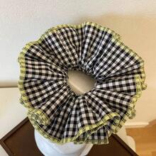 4-Layer Black Plaid Fabric Extra Large Hair Scrunchie, Romantic French Design Hair Tie For Buns/Ponytails, Suitable For Daily Use Scrunchies Hair Ties Hair Accessories Head Accessories Elastic Band - Black and White - View 10