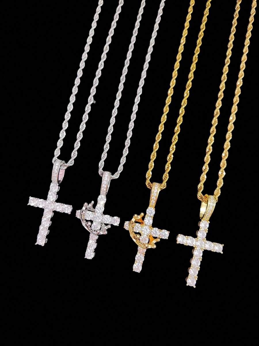1件立方氧化锆十字架及可活动皇冠吊坠，搭配3毫米不锈钢扭链项链，男女皆宜的嘻哈朋克十字架吊坠项链，时尚优雅复古首饰，适合日常佩戴或派对，情人节礼物 - 金黃色 - 查看 1