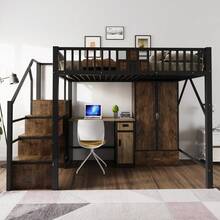 Metal Loft Bed With Designer Wood And Metal Guardrail, Complete Set With Integrated Wardrobe, Drawers And Storage Ladder - Black - View 2