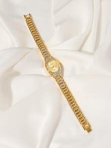 CARYINO 1pc Luxury Oval Dial Watch With Rhinestone Decor Elegant Strap, Fashion Chic Ladies Accessory Watch, Suitable For Daily Wear, Parties, Outfits, Birthday Gift