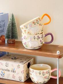 1 cană ceramică cu model floral colorat de iepure, cană ceramică adorabilă cu iepure 3D și detalii vibrante pe mâner, potrivită pentru cafea, cereale, decor de primăvară pentru casă și ocazii de Paște