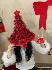 Christmas Tree & Santa Hat Decorative Headwear, Adult & Kids Christmas Party Costume Accessories, Holiday Party Decoration Hats, Photo Props With Tinsel