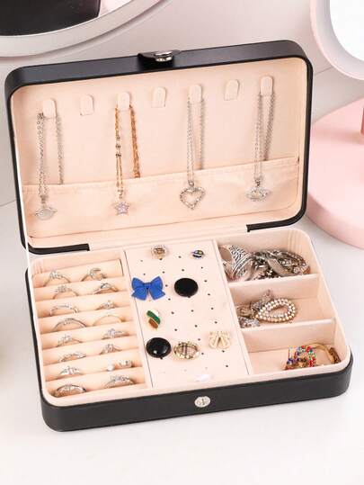 旅行首饰盒，PU皮革首饰收纳盒，便携式旅行首饰收纳盒，多隔层首饰展示盒，首饰整理收纳，旅行必备，户外旅行用品，适用于耳钉、戒指、项链、手链，送给女性的最佳礼物，万圣节礼物，圣诞节礼物